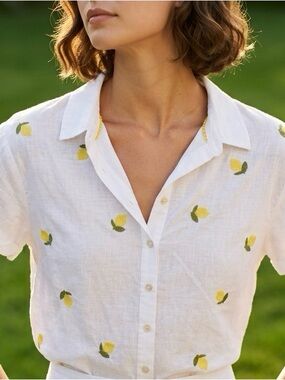 Maeve White Linen Button-Up Top with Yellow Lemon Embroidery